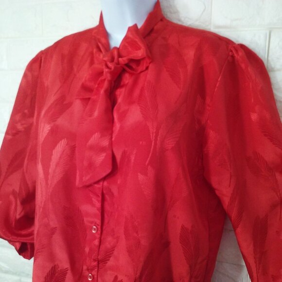 Vintage 70s Empire California Satin Bow Blouse Top -XL Feathers GA Print Buttons - Picture 5 of 11